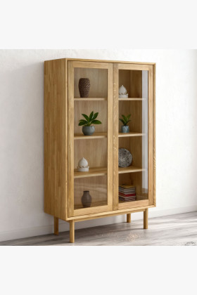 Massive Eichenholz Vitrine 2-türig naturbelassen auf Füßen